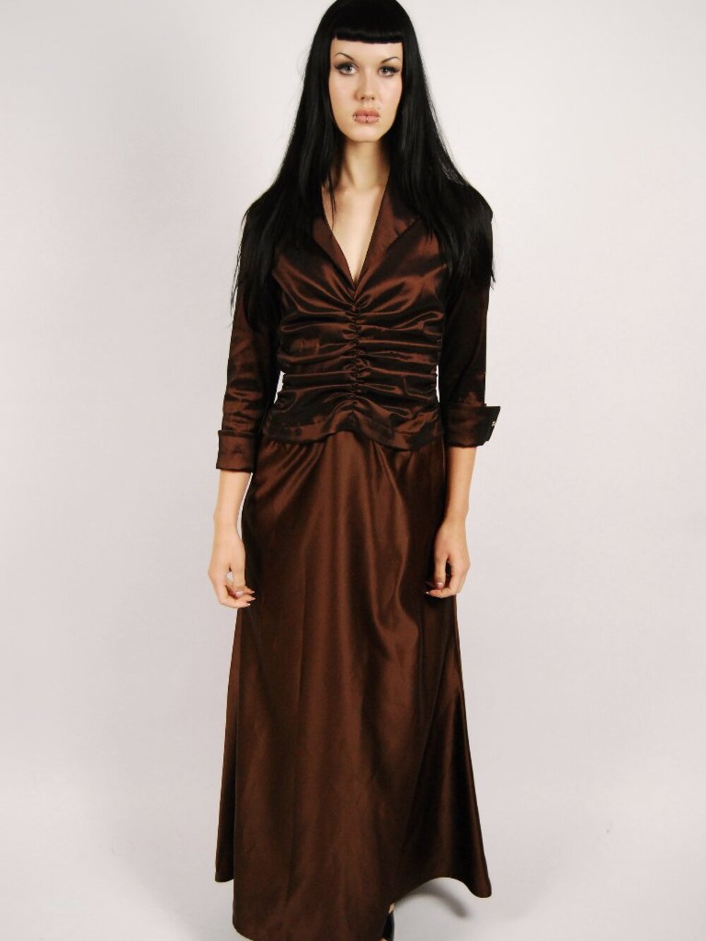 90s Blouson Gown (M) chocolate brown maxi vintage Tadashi glam evening formal